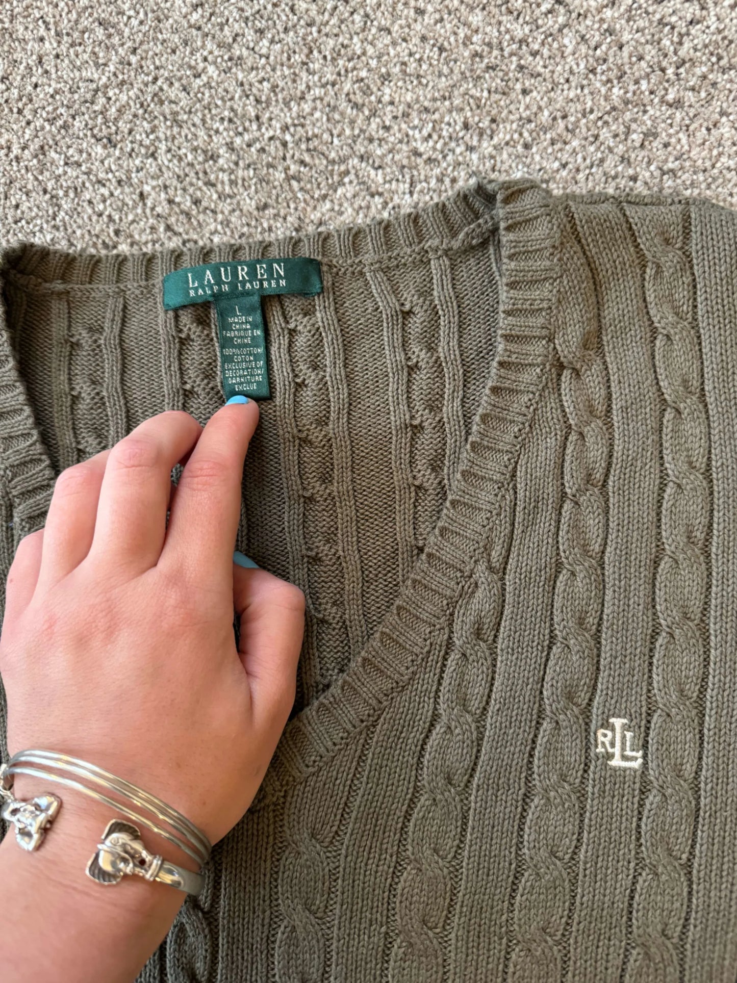 Womans Large Ralph Lauren Green Cable Knit