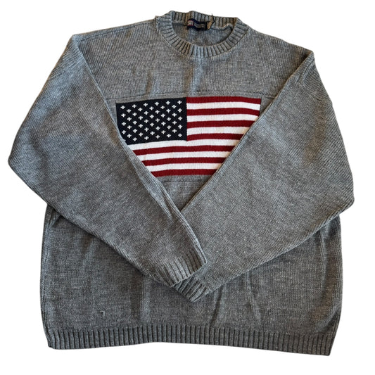 Large Faded Glory Grey USA American Flag Knitted Sweater