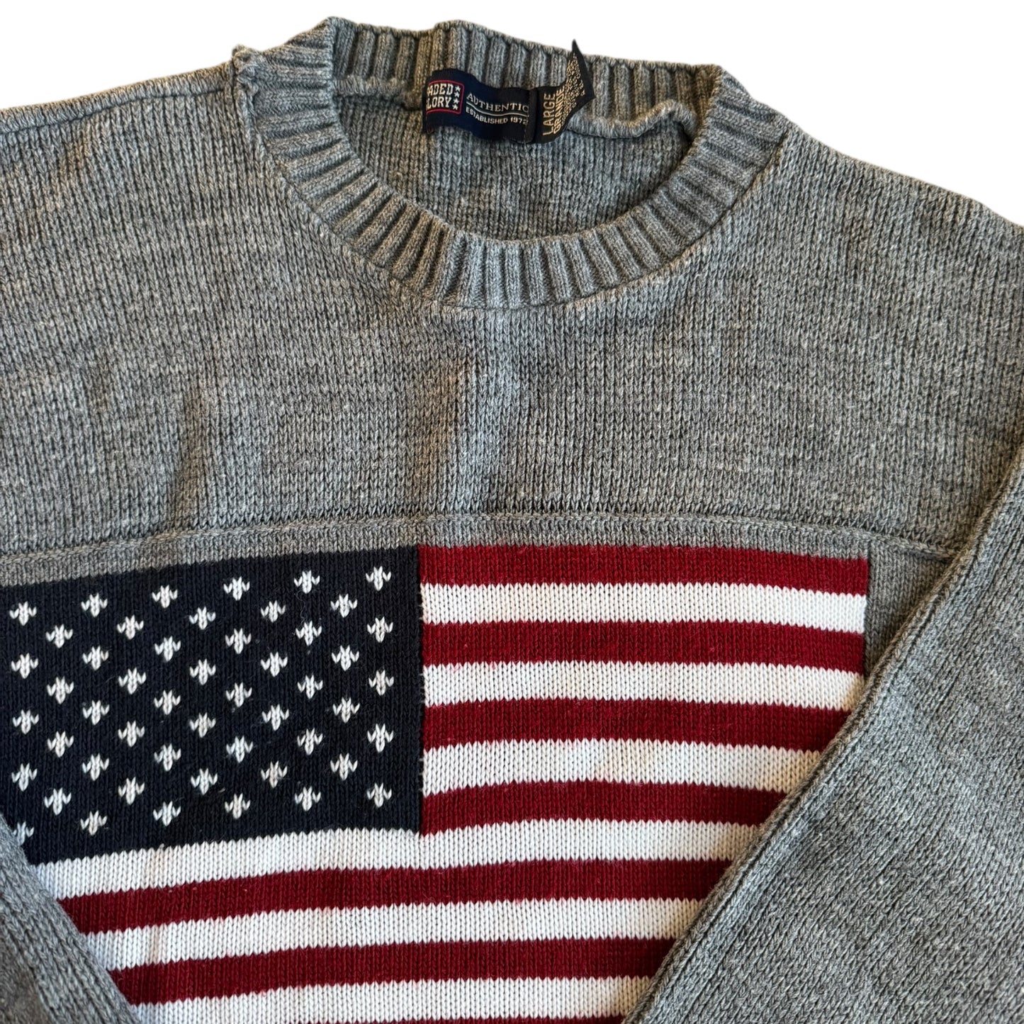 Large Faded Glory Grey USA American Flag Knitted Sweater