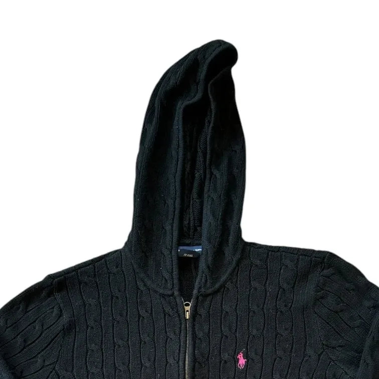 Womans Medium Ralph Lauren Black Cable Knit Hoodie Top