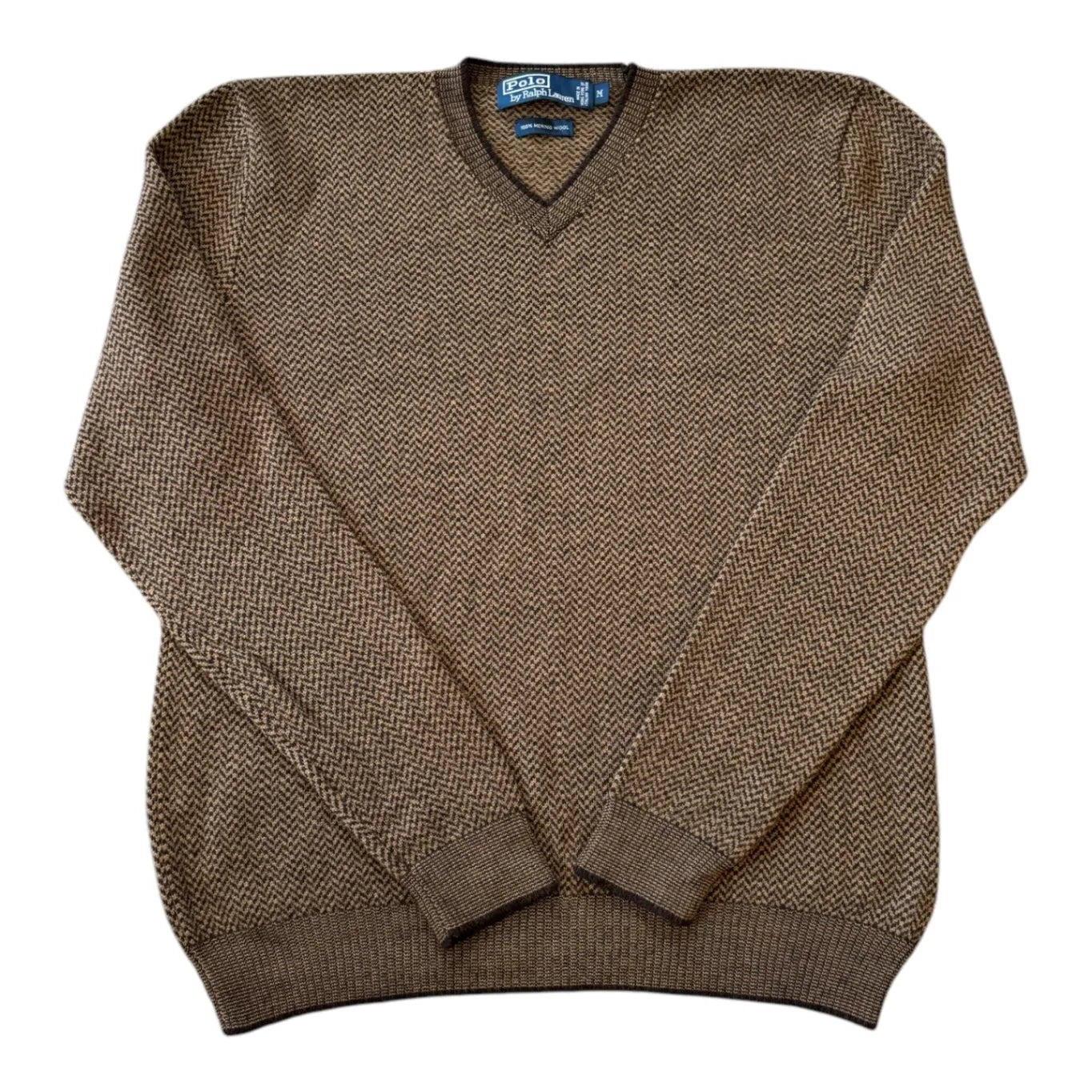 Medium Ralph Lauren Merino Wool Brown V-Neck Knitted Jumper