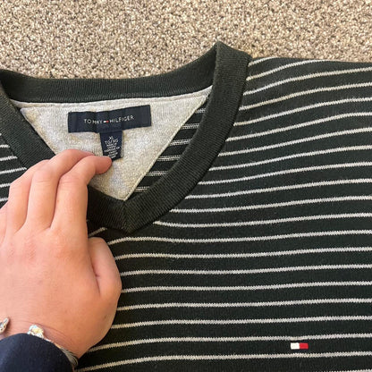 XL Tommy Hilfiger Green and White Striped V-neck Jumper